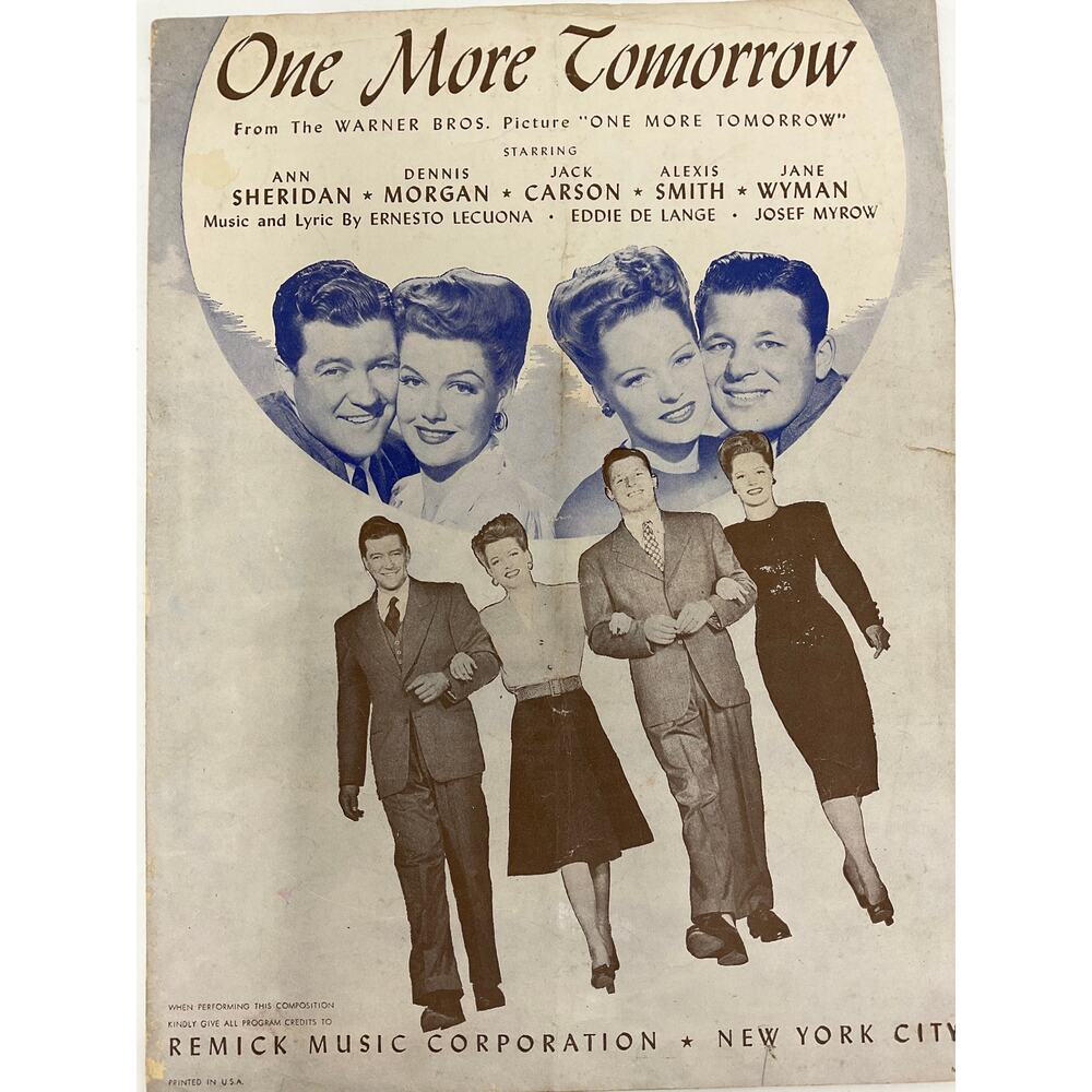 One More Tomorrow Sheet Music 1945 Lecuona De Lange‎ Myrow